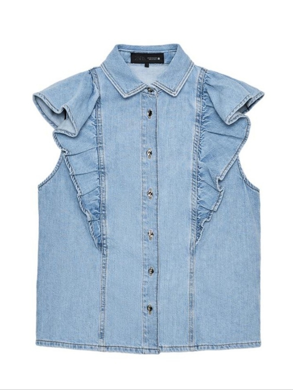 NWT Zara Denim Sleeveless Ruffled Button-Front Top In Light Blue - S